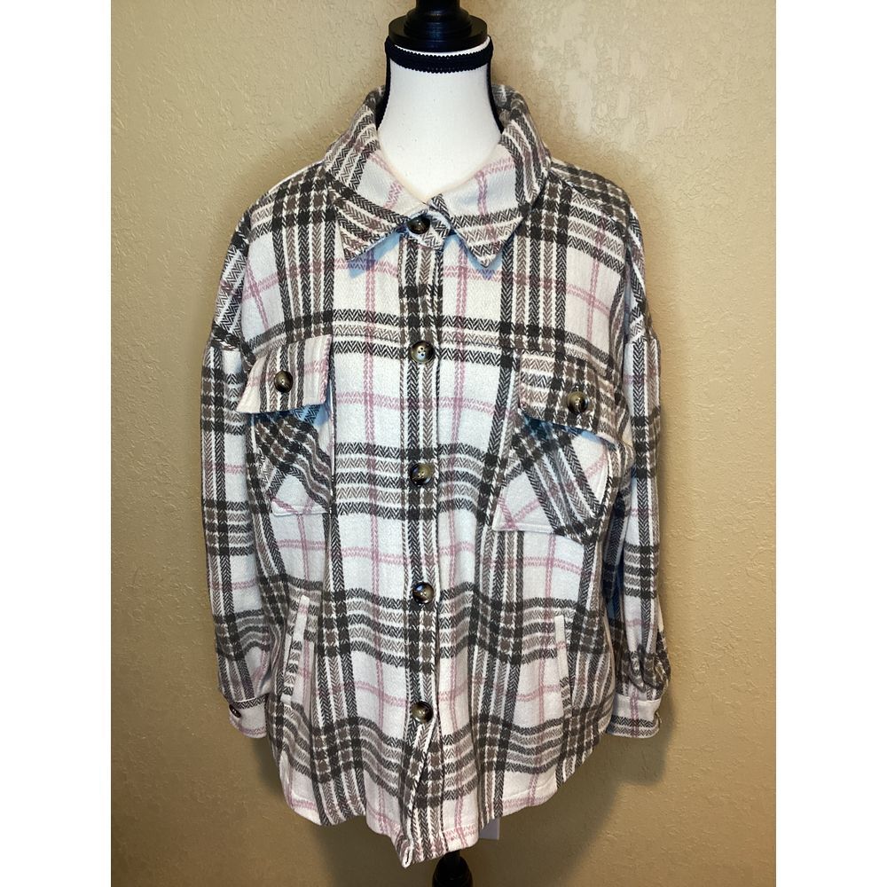 Heyson "Curvy Plaid Parade Shacket", Cream/Brown/Pink, Size Large,‎ oversized